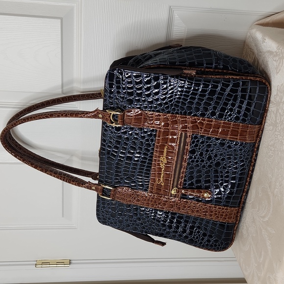 Samantha Brown crocodile embossed briefcase weekend tote navy blue brown - Picture 1 of 16